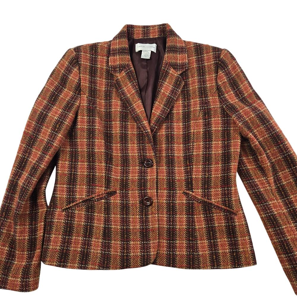 Vintage 90s Blazer Orange Brown Red Plaid Wool Tweed Jacket Sz 14 Casual Corner